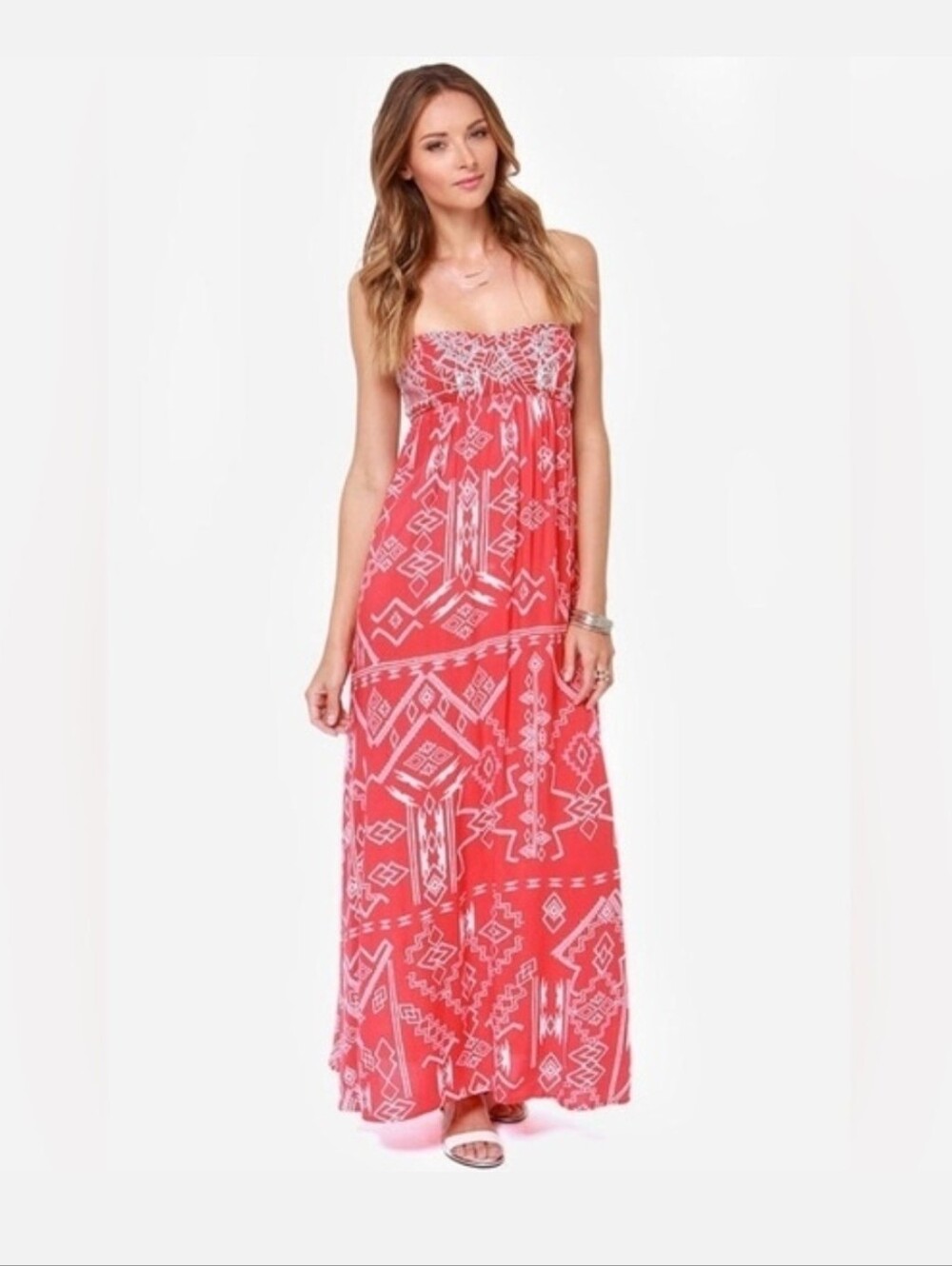 Billabong - Dreamed Of You Red And White Fun Tribal Print Maxi Dress Size Small